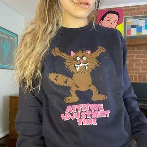 Deadstock Vintage 1980s Attitude Adjudstment Time Angry Cat Crewneck Sil…